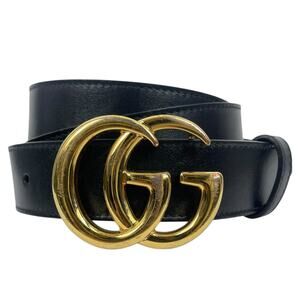 Gucci GG Marmot 30mm Thin Leather Belt Black Gold Buckle Men Size 105/42